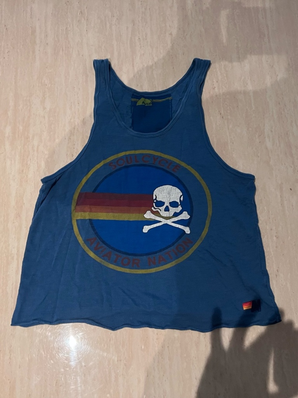 Aviator Nation X Soul Cycle Collab Blue Logo Graphic Skull Tank Top Size L RARE - Picture 2 of 5